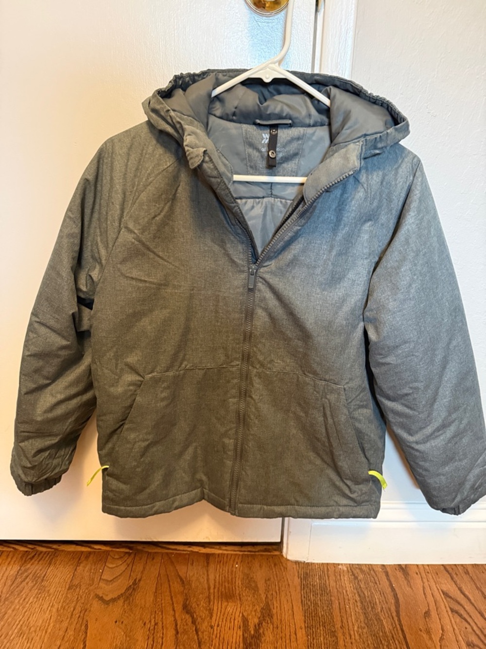 Gray Hooded Puffer Jacket with Neon Trim